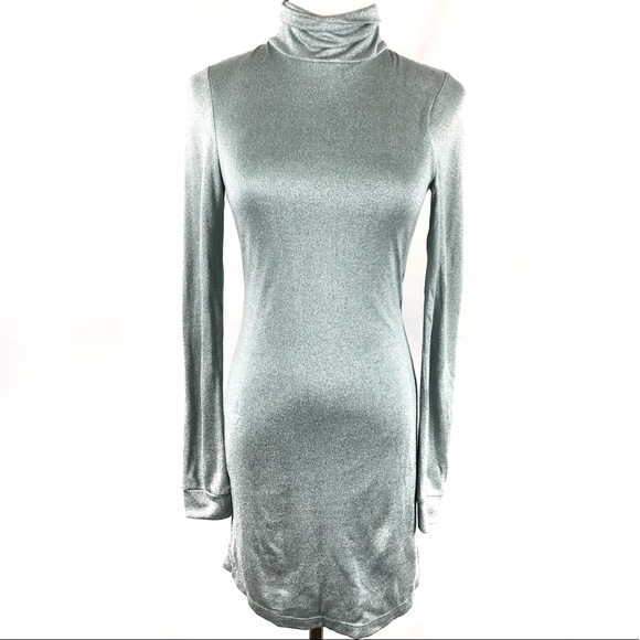DuO Turtleneck Metallic Mint Open Back Mini Dress - Picture 1 of 9